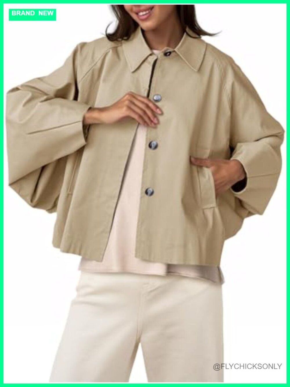 Cropped Batwing Sleeve Trench Coat Button Up Casual Short Jacket